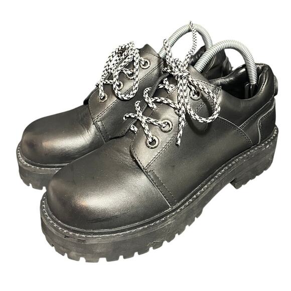 Vintage UNIF Leather Chunky Square Toe Y2K Shoes Black Womens Size 9 Goth Grunge - Picture 1 of 9